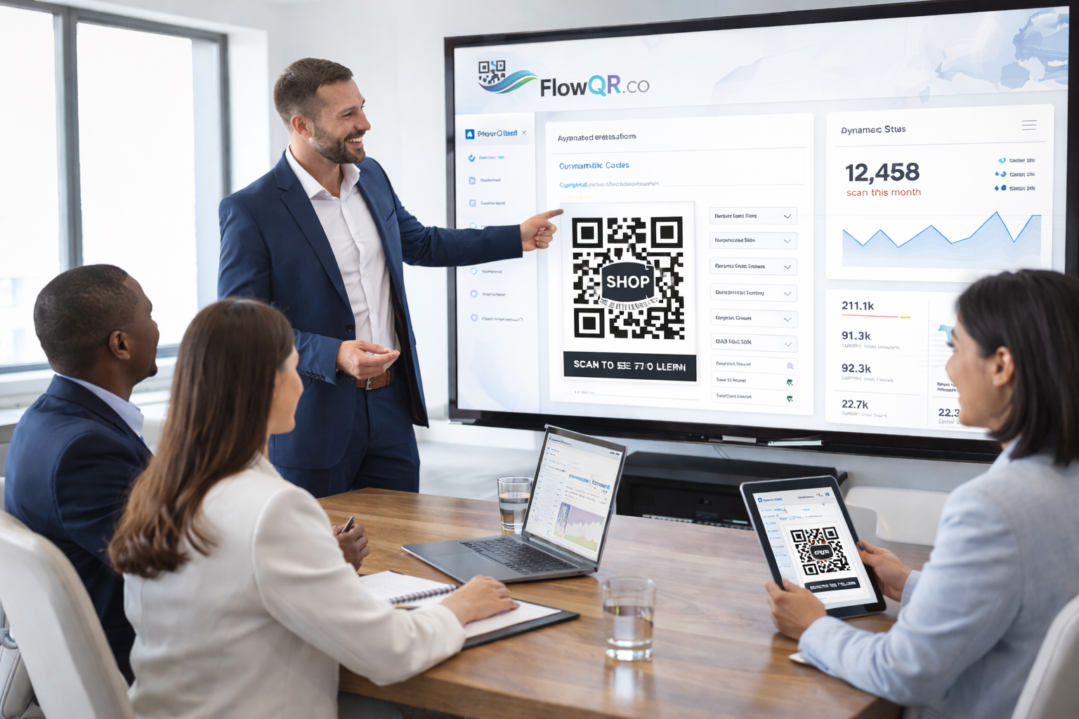 Office team analysing QR analytics in presentation