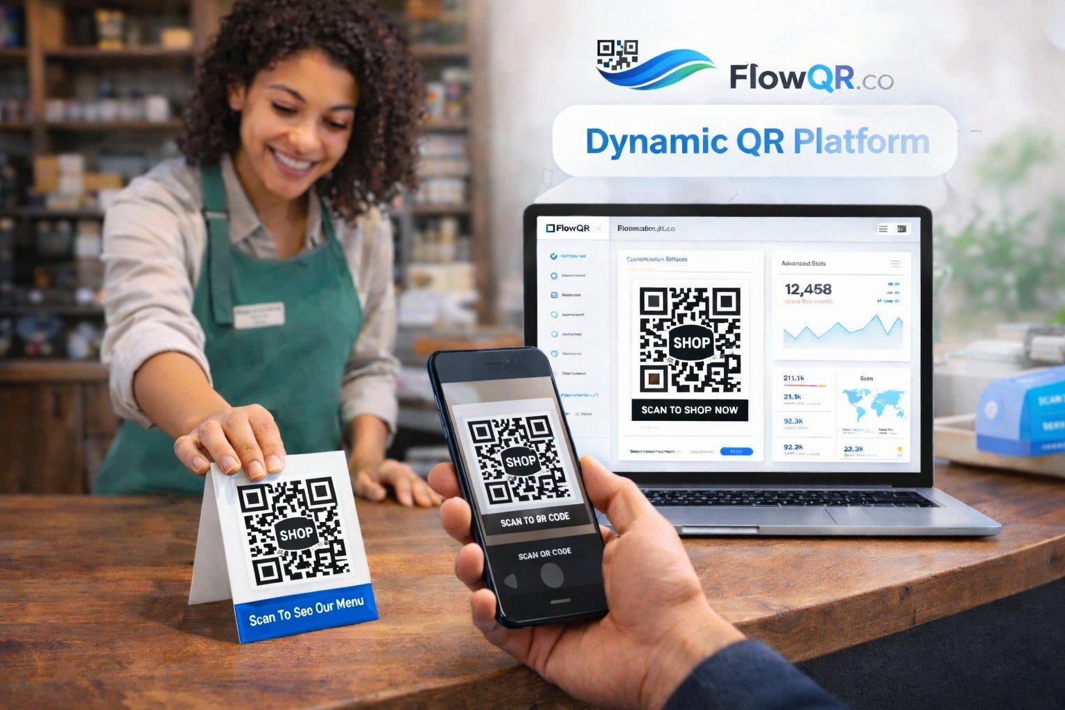 Customer ordering at shop with analytics dashboard