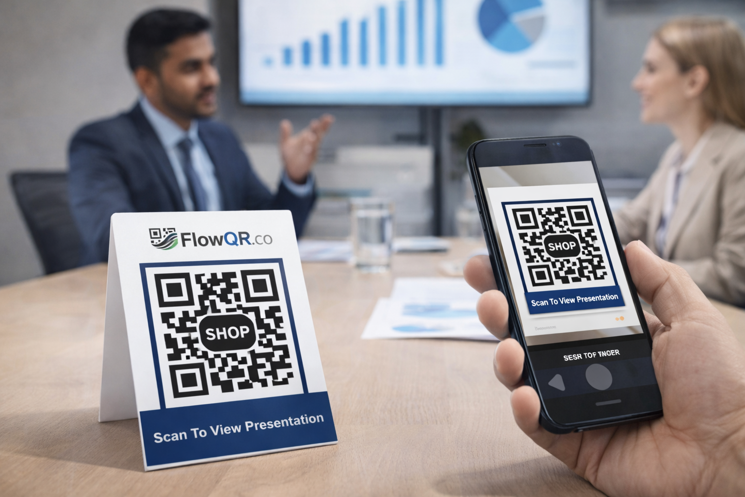 Worker scanning QR code to access presentation