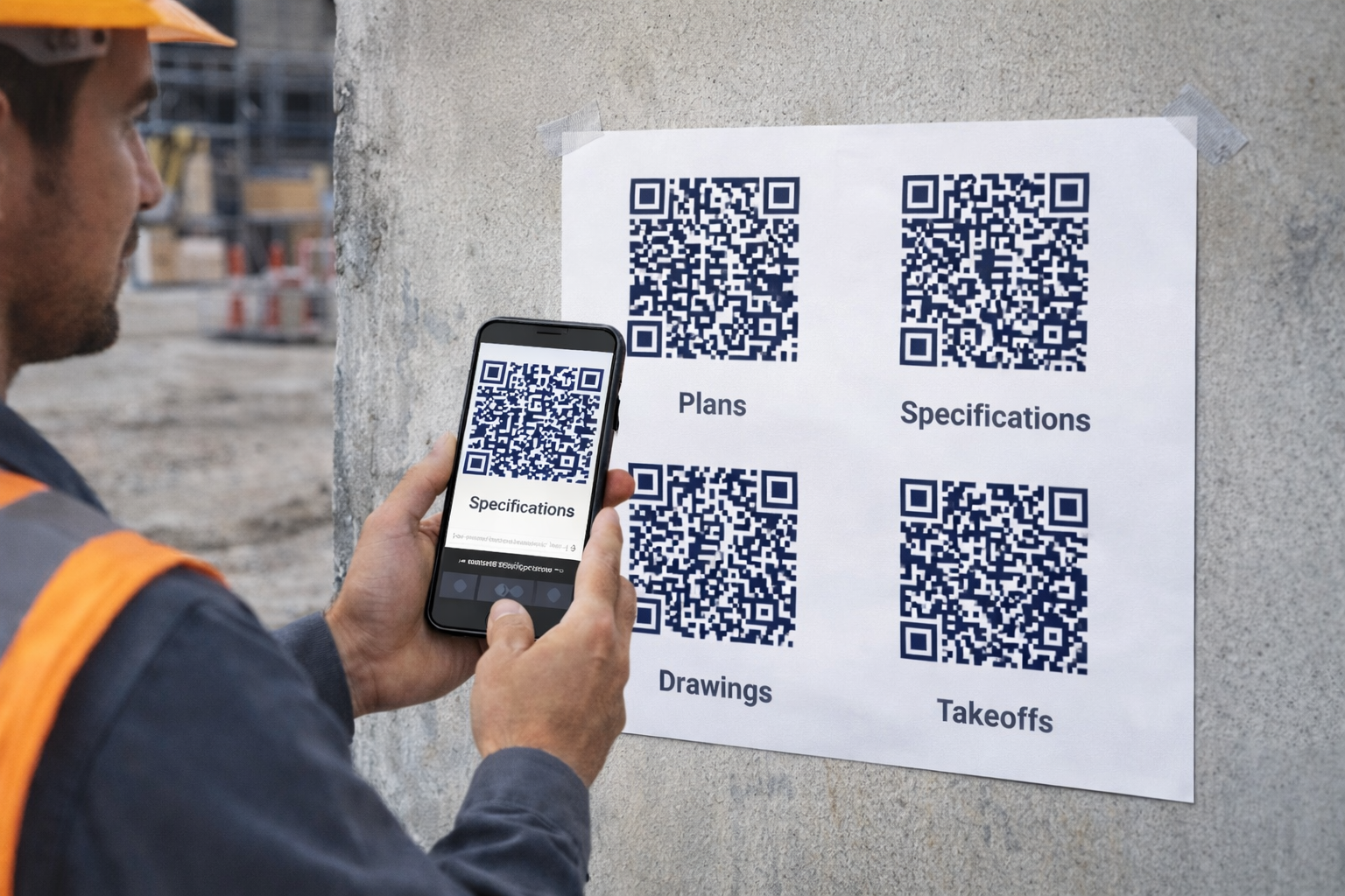 Construction worker scanning QR code for drawings